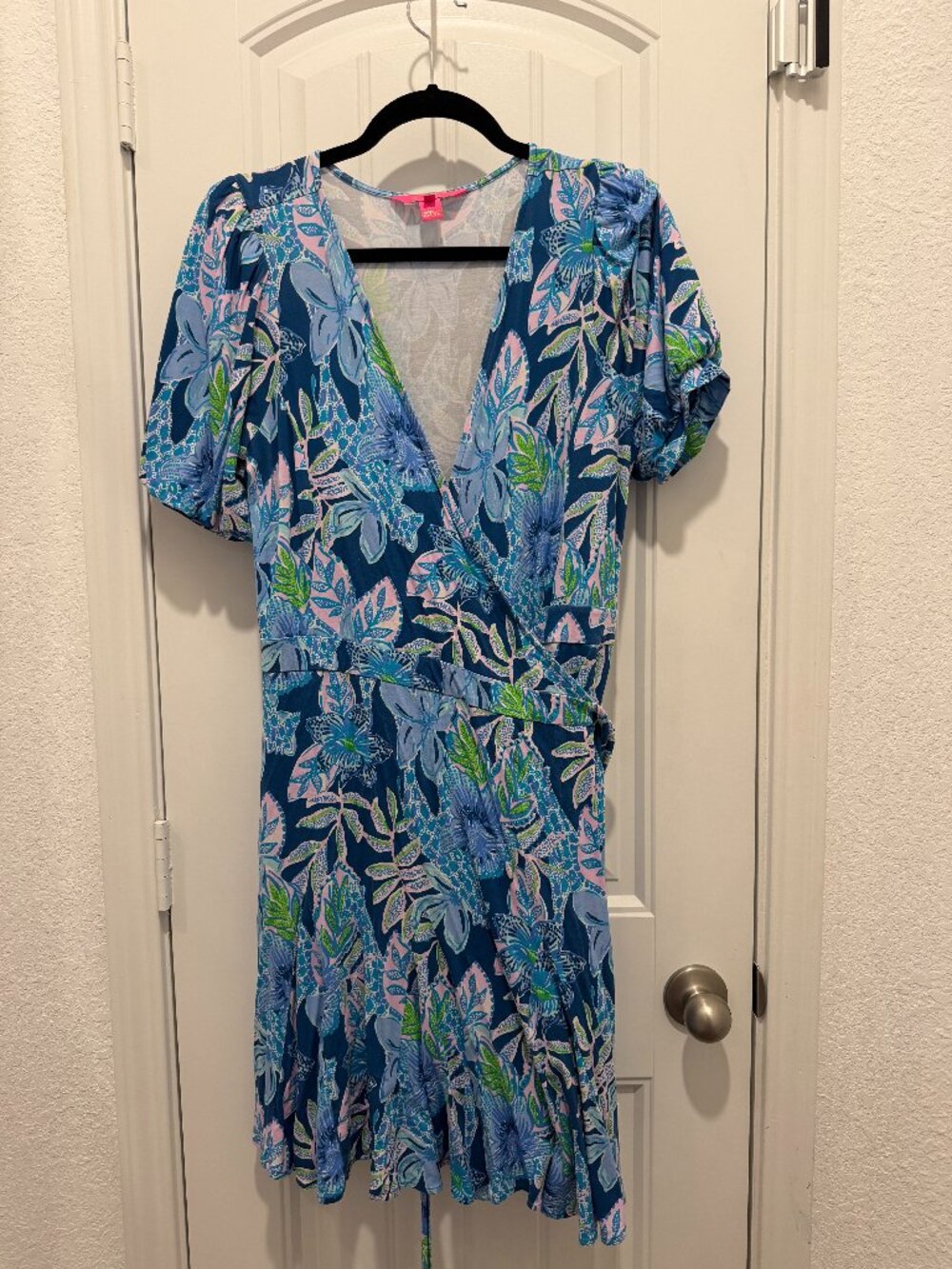 Lilly Pulitzer Floral Wrap Dress Puff Sleeve Blue Pink Green Size L